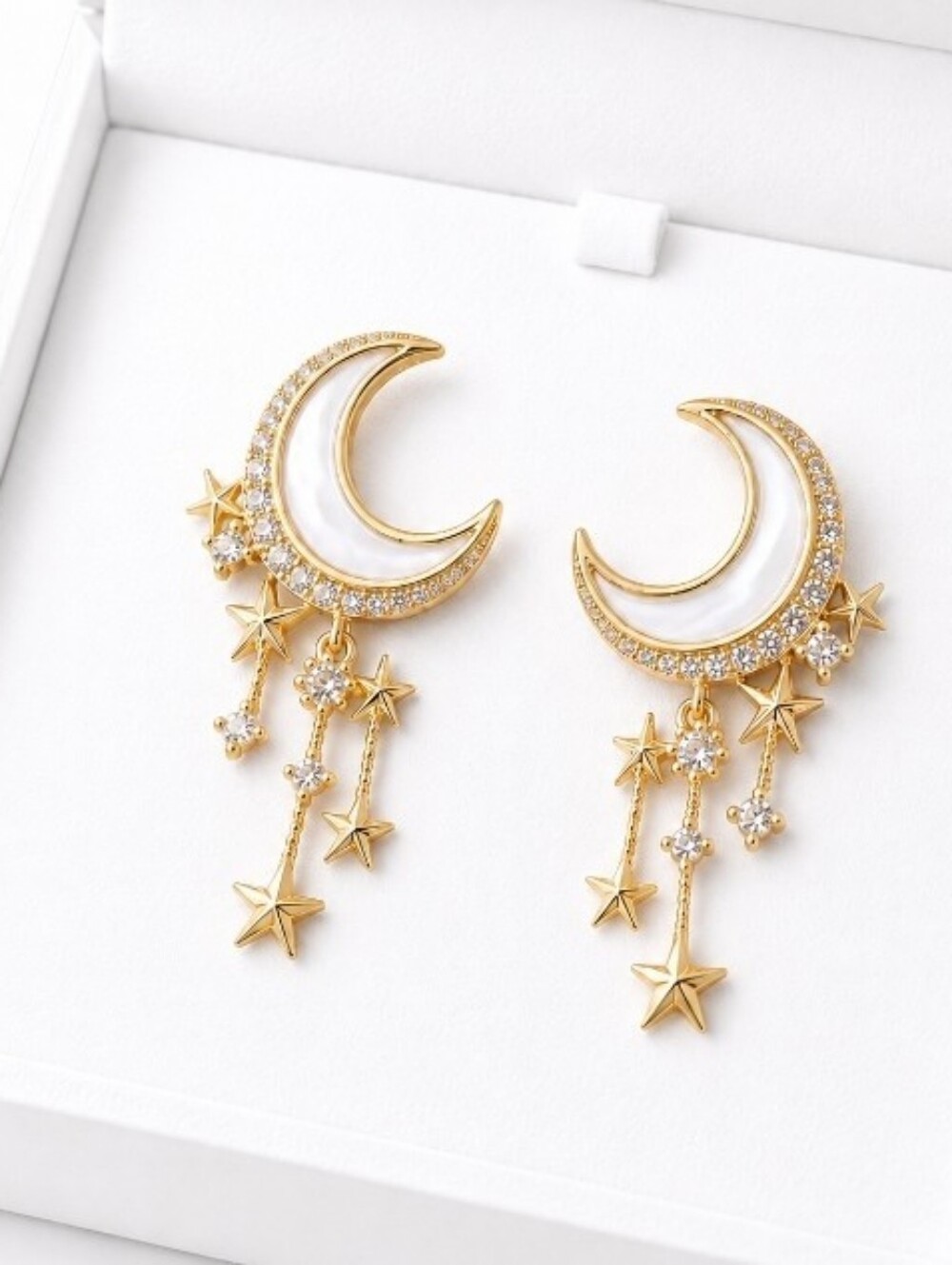 Gold Moon & Star Dangle Earrings with White Enameling